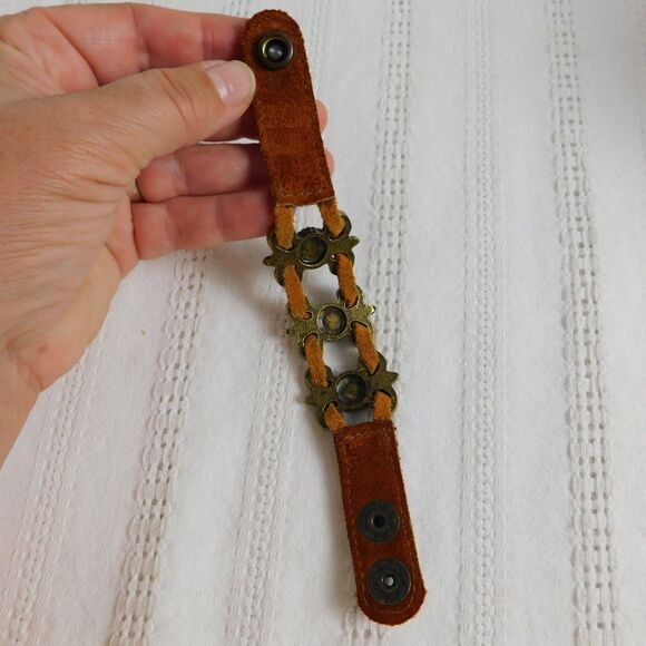 Leatherock USA Brass Genuine Leather Bracelet Cuff Marked LR Brown 7.5" EUC - Picture 5 of 13